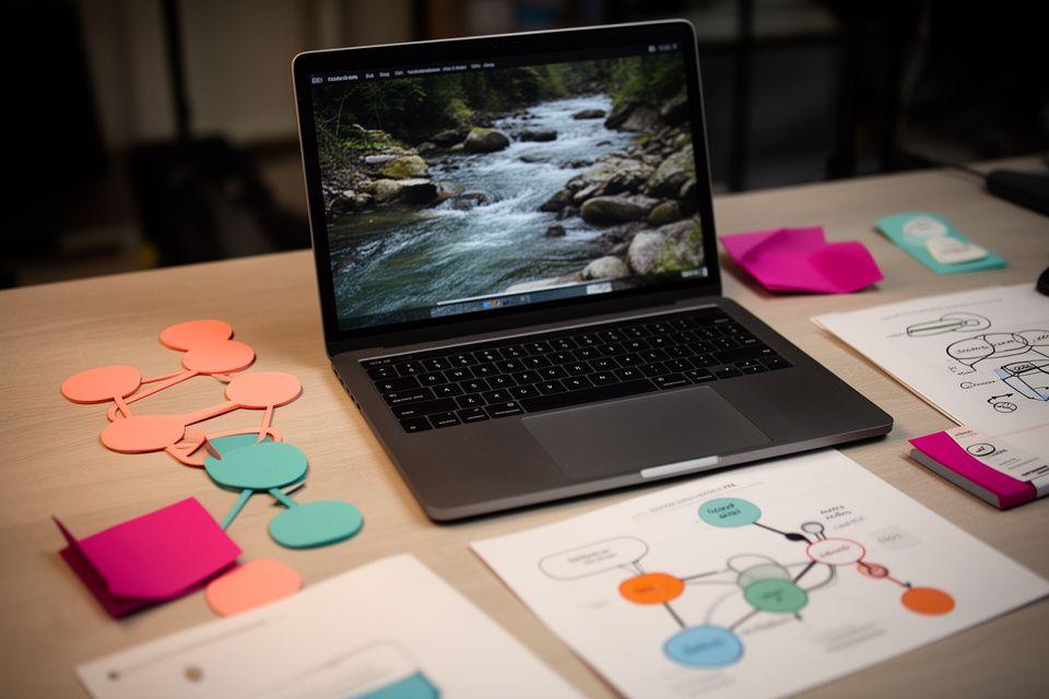 Developer desk with flow charts, merge nodes, sticky notes and a laptop displaying a river-themed puzzle prototype