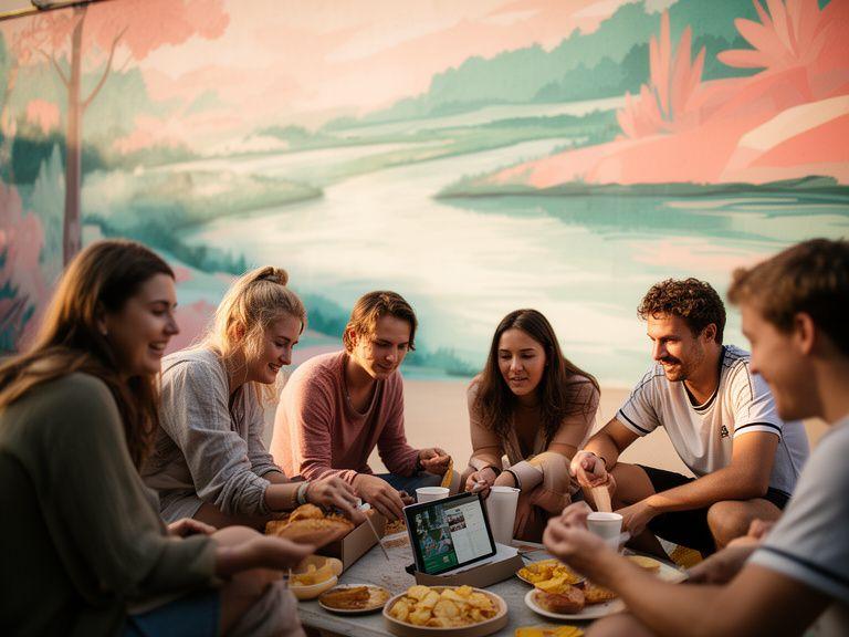 Small group of players sharing a tablet beside a river-themed mural with snacks, notes and a relaxed community meet-up feel
