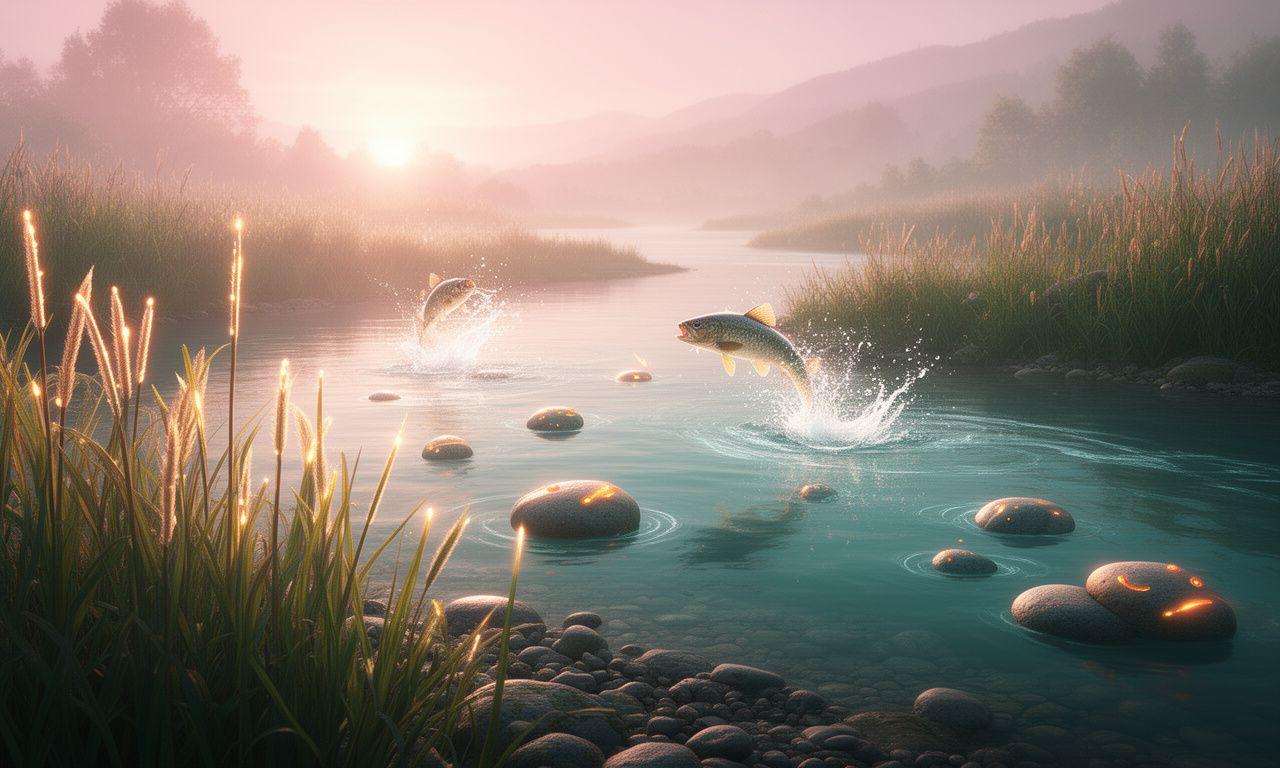 Serene river landscape with mergeable pebbles, glowing reeds and leaping fish at sunrise