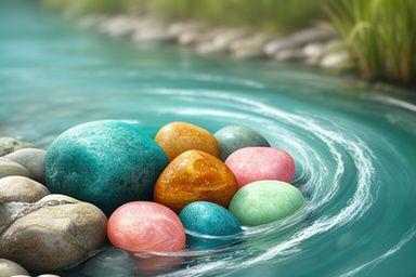 Pebble Quest thumbnail with colourful stones arranged beside a calm river eddy