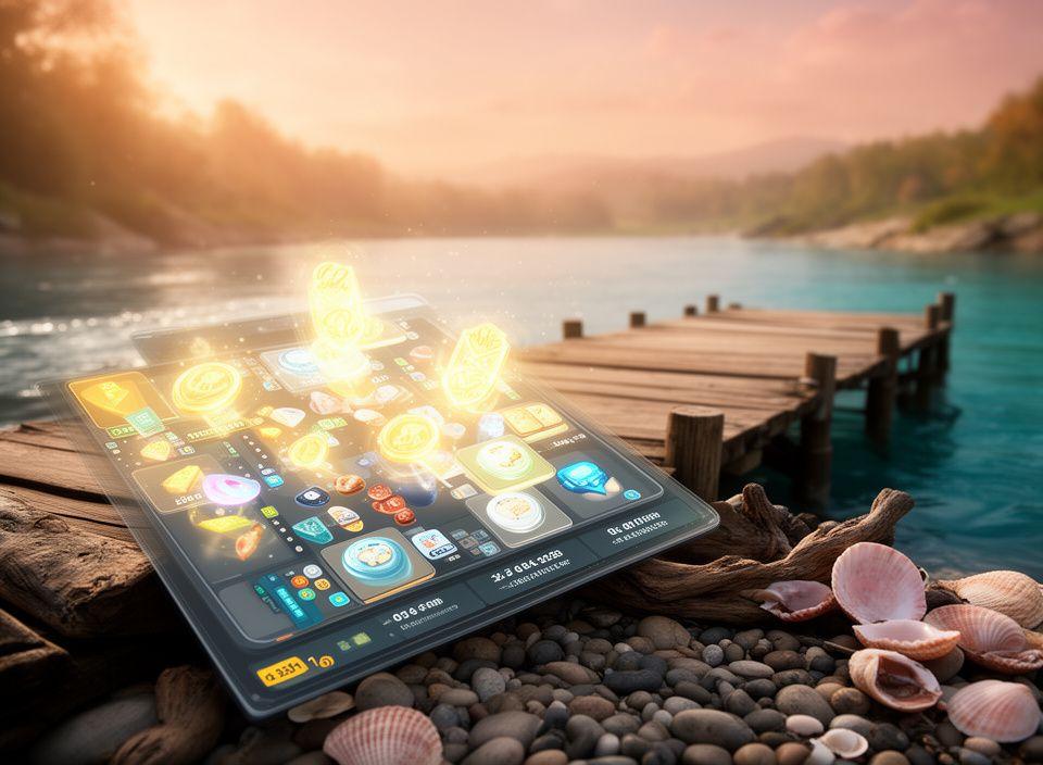 In-game merge board beside a river dock, showing pebbles, driftwood, shells, and fish unlock rewards on a warm afternoon