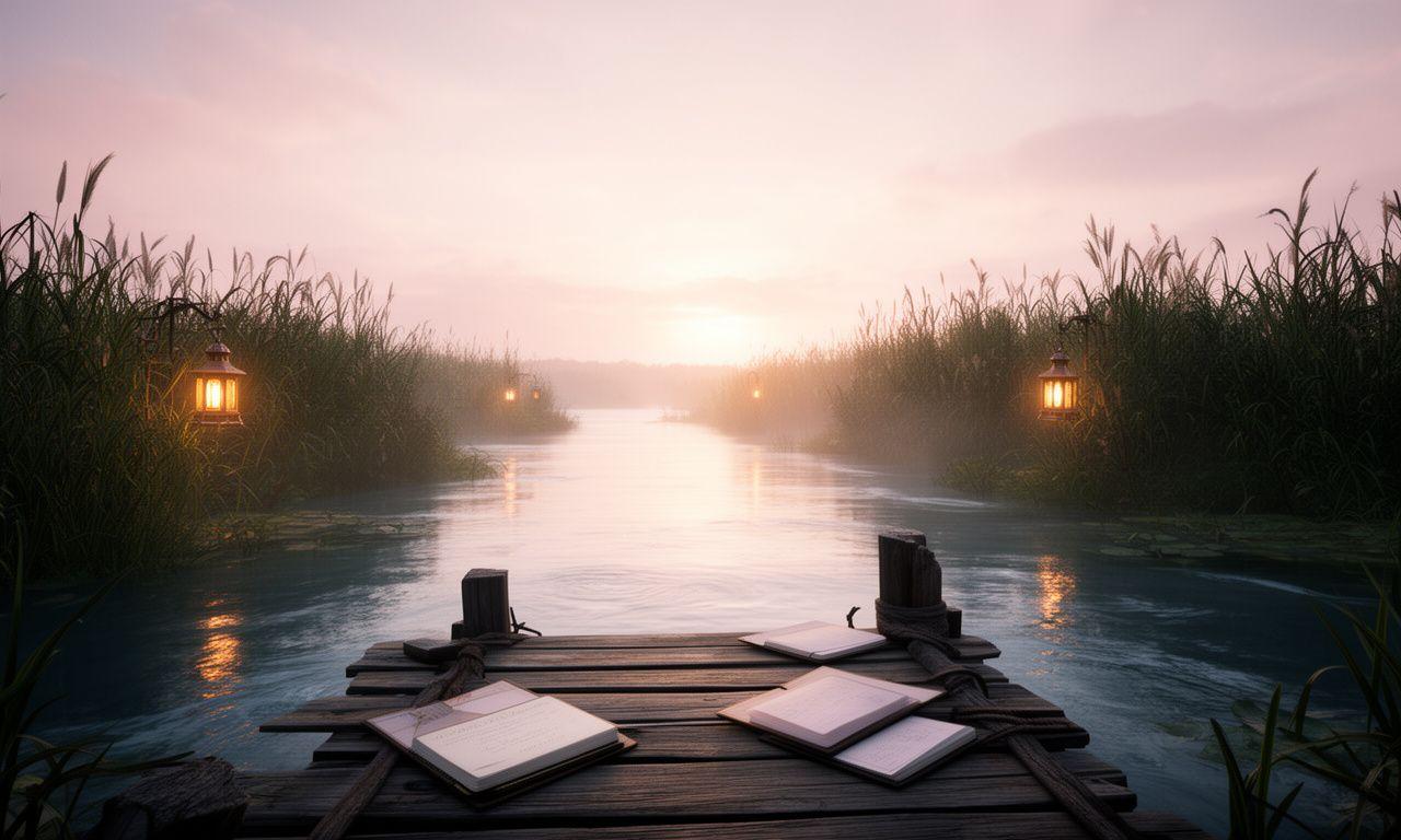 River sunrise over a calm gaming-inspired waterway with reeds, lanterns and a notebook on a wooden dock