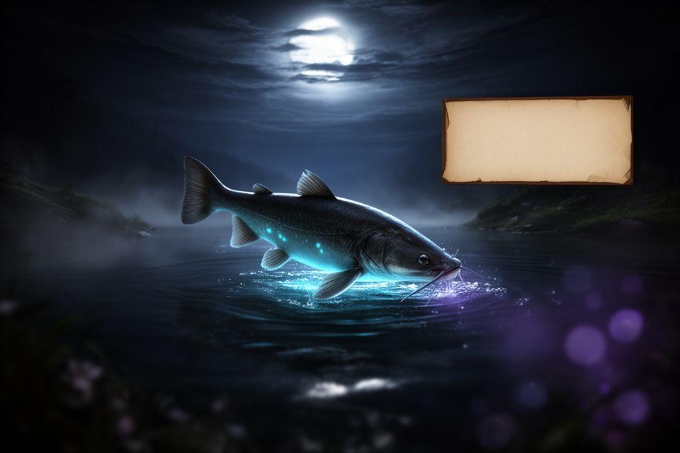Game screenshot showing a glowing midnight catfish swimming through a moonlit river scene with patch notes on a parchment panel
