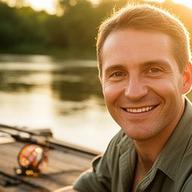 Smiling fisherman portrait beside a calm river dock at golden hour