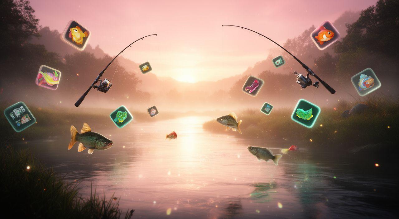 A cinematic river valley at sunrise with floating game tiles, fishing rods, and freshwater creatures drifting across a glowing mobile-game landscape