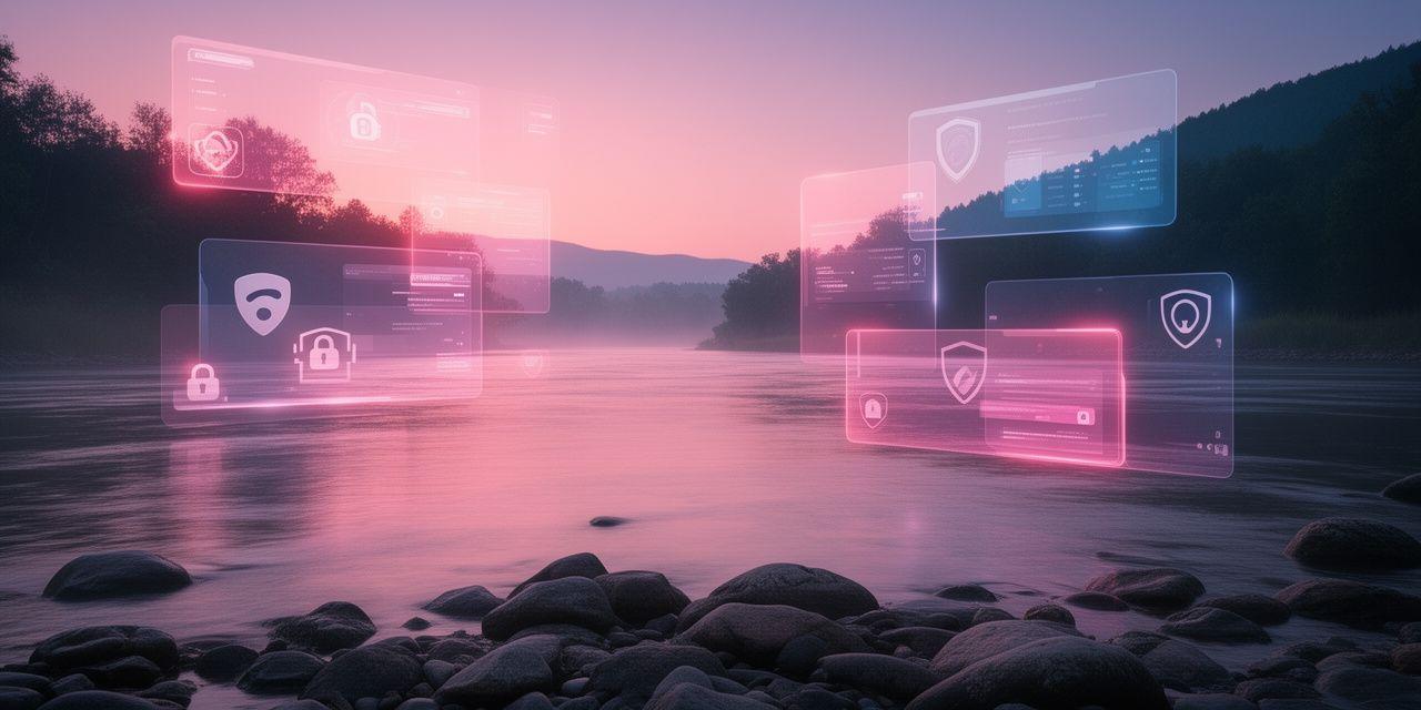 A calm mobile game dashboard beside a river at dusk, with privacy symbols and soft glowing interface panels
