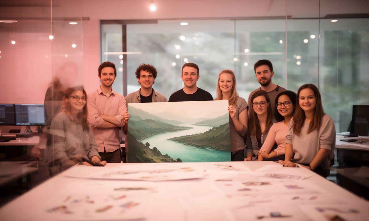 Indie game studio team gathered beside a softly lit river map and concept artwork in a glass-walled office