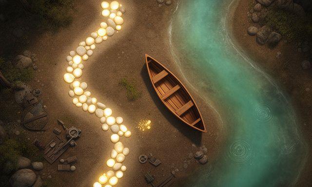 Adventure puzzle scene with glowing pebbles, a wooden canoe, and a winding riverbank trail viewed from above