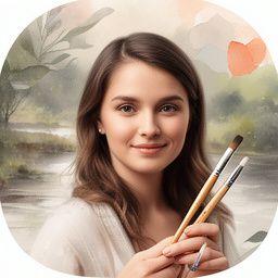 Emily Stone holding watercolor brushes beside painted river backdrops and layered foliage studies