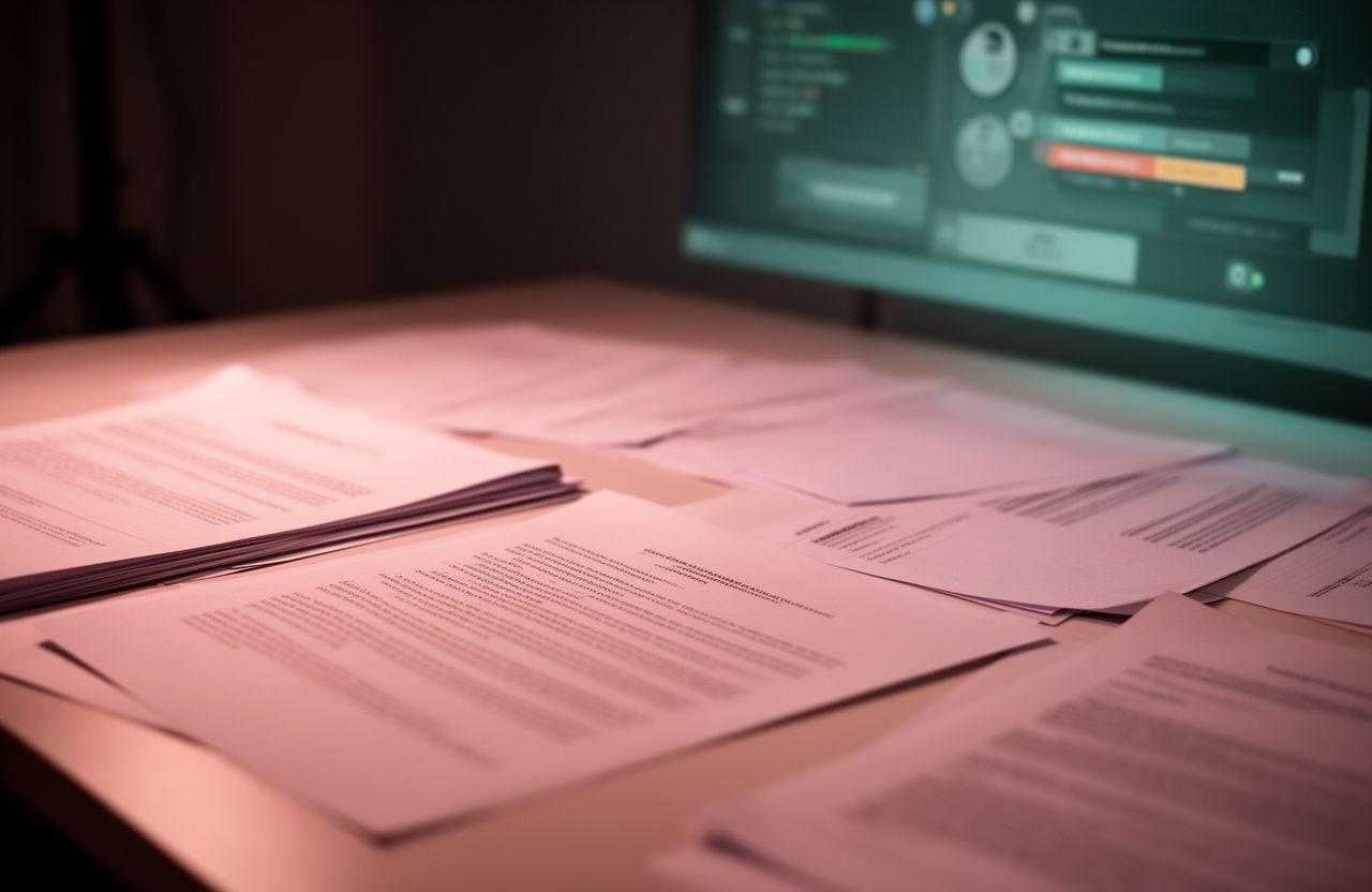 A mobile game screen with river fishing gameplay beside a desk full of legal documents in a softly lit studio
