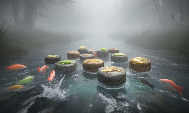 Riverstone Merge game screenshot showing a misty channel, floating merge pieces and colourful fish