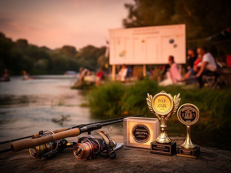 Community player portrait beside a riverbank leaderboard with fishing tackle, a trophy badge and warm sunset light
