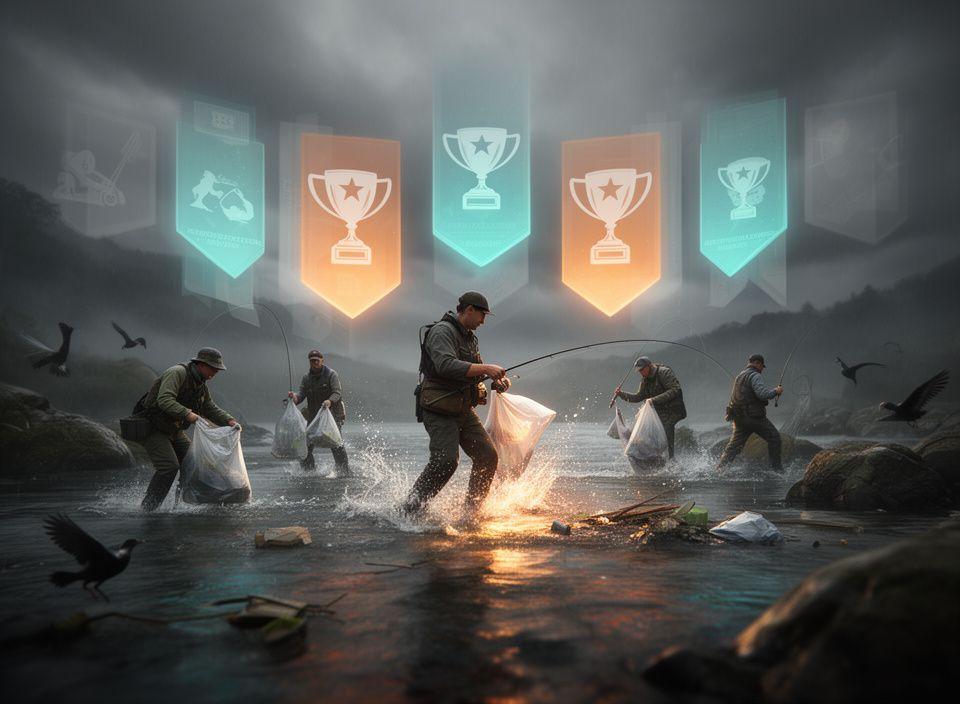 Tournament scene with anglers, event banners, and river wildlife during a cooperative clean-up challenge