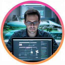 Jordan Fisher reviewing merge-system diagrams on a laptop in front of a river-themed prototype build