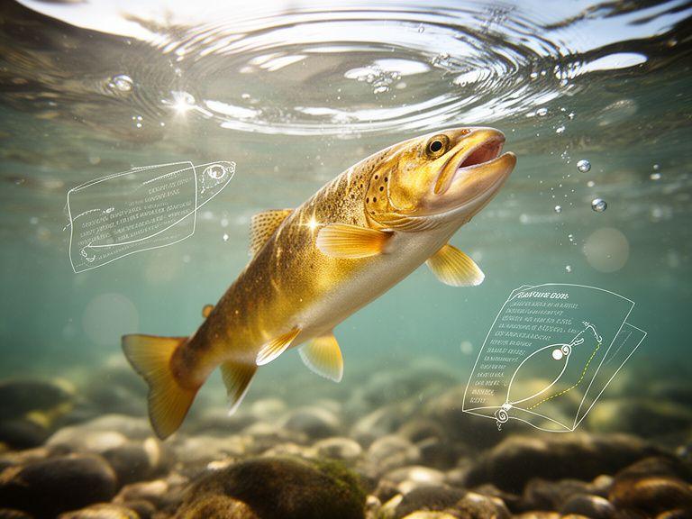Golden trout rising through a sunlit river with lure icons, strategy notes and ripples across clear water