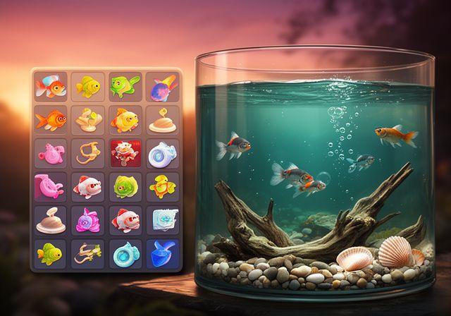 Mobile game cover art showing a merge board beside a glass aquarium, with freshwater fish and river pebbles arranged in a warm twilight scene