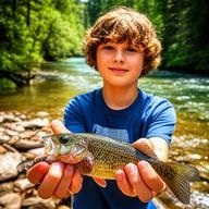 Teenager holding a fish near a wooded river bend with bright, natural light